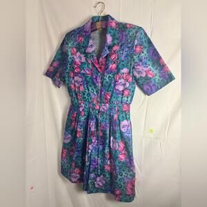 VTG Joan Walters’s Floral+Leopard Turquoise‎ Short Sleeve Collared Romper Size M